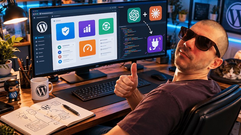 Homme pouce levé devant un écran affichant des icônes d'extensions WordPress